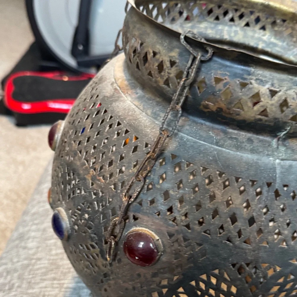 Vintage moroccan Metal Lantern with Red, Blue, and Orange Accents